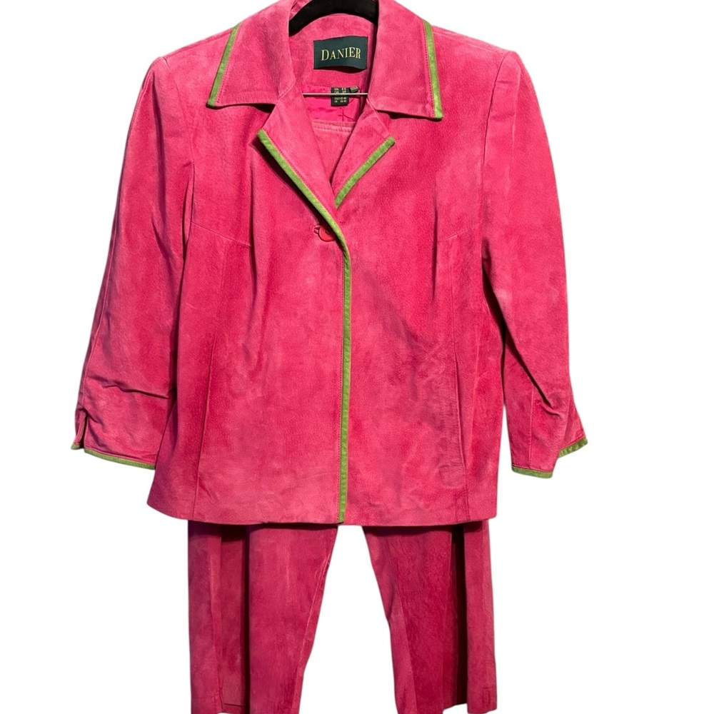 Danier Pink Suede Suit with Green Accents